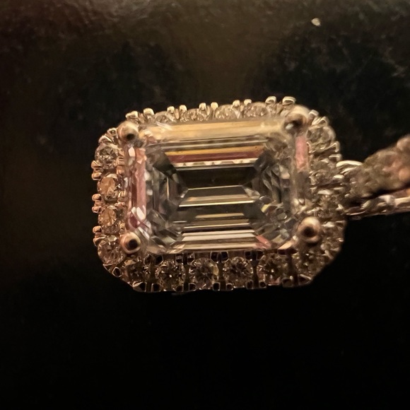 14K White Gold LAB CREATED Emerald Cut Blue Diamond Pendant - Picture 11 of 12